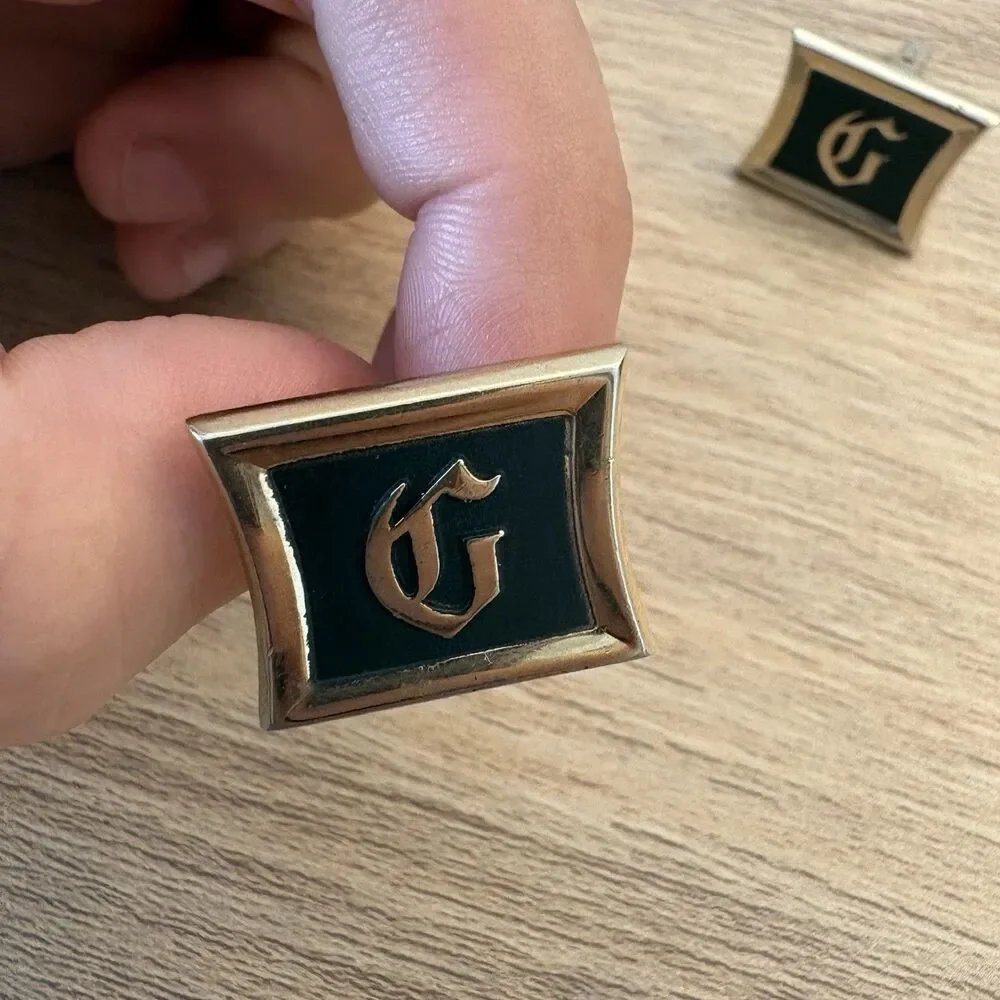 Vintage Initial “G” Cufflinks Gold Tone Black Enamel Letter Monogram Retro Men’s